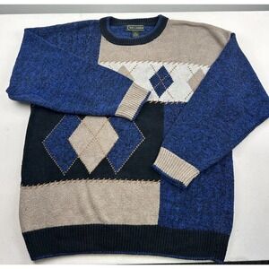 Vintage Croft & Barrow Argyle Pattern 90s Grandpa Sweater 100% Silk XXL Blue Tan